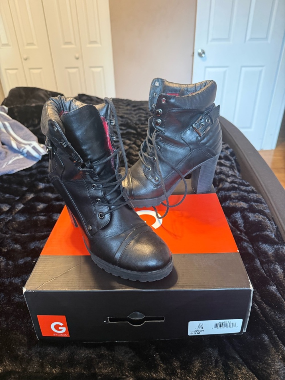 G by Guess Gygy Black Leather Lace-Up High Heel Combat Boots